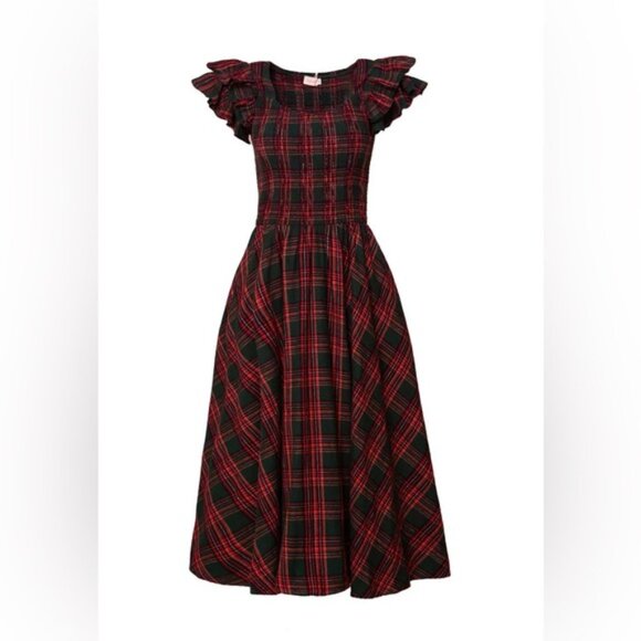 NWT Ivy City Co. SMALL Hattie Smocked pocketed midi dress in Evergreen Plaid red - Picture 4 of 9